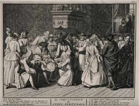A Portugese Jewish circumcision ceremony. Engraving, 1725, Bernard Picart 